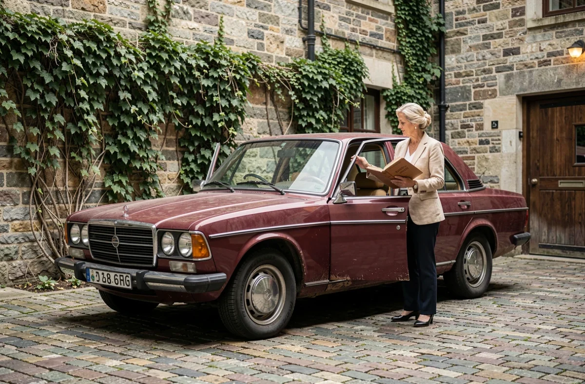 Femme présentant une voiture ancienne de collection avec son carnet d'entretien dans une cour pavée
