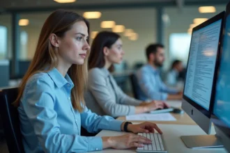 Professionnelle parcourant une documentation technique sur Atelio Doc dans un bureau moderne ouvert