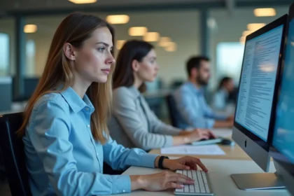 Professionnelle parcourant une documentation technique sur Atelio Doc dans un bureau moderne ouvert