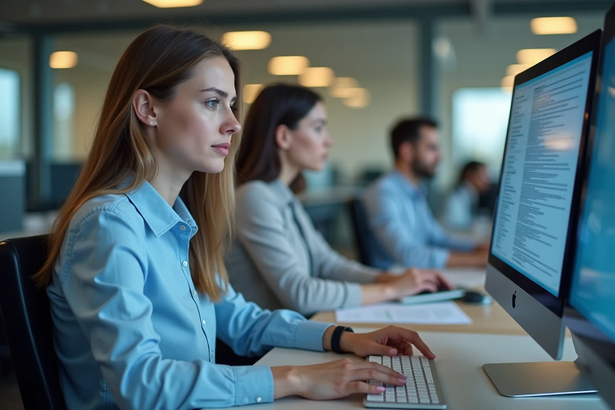 Professionnelle parcourant une documentation technique sur Atelio Doc dans un bureau moderne ouvert
