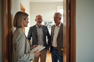 Femme professionnelle avec un clipboard visitant un couple dans un hall lumineux