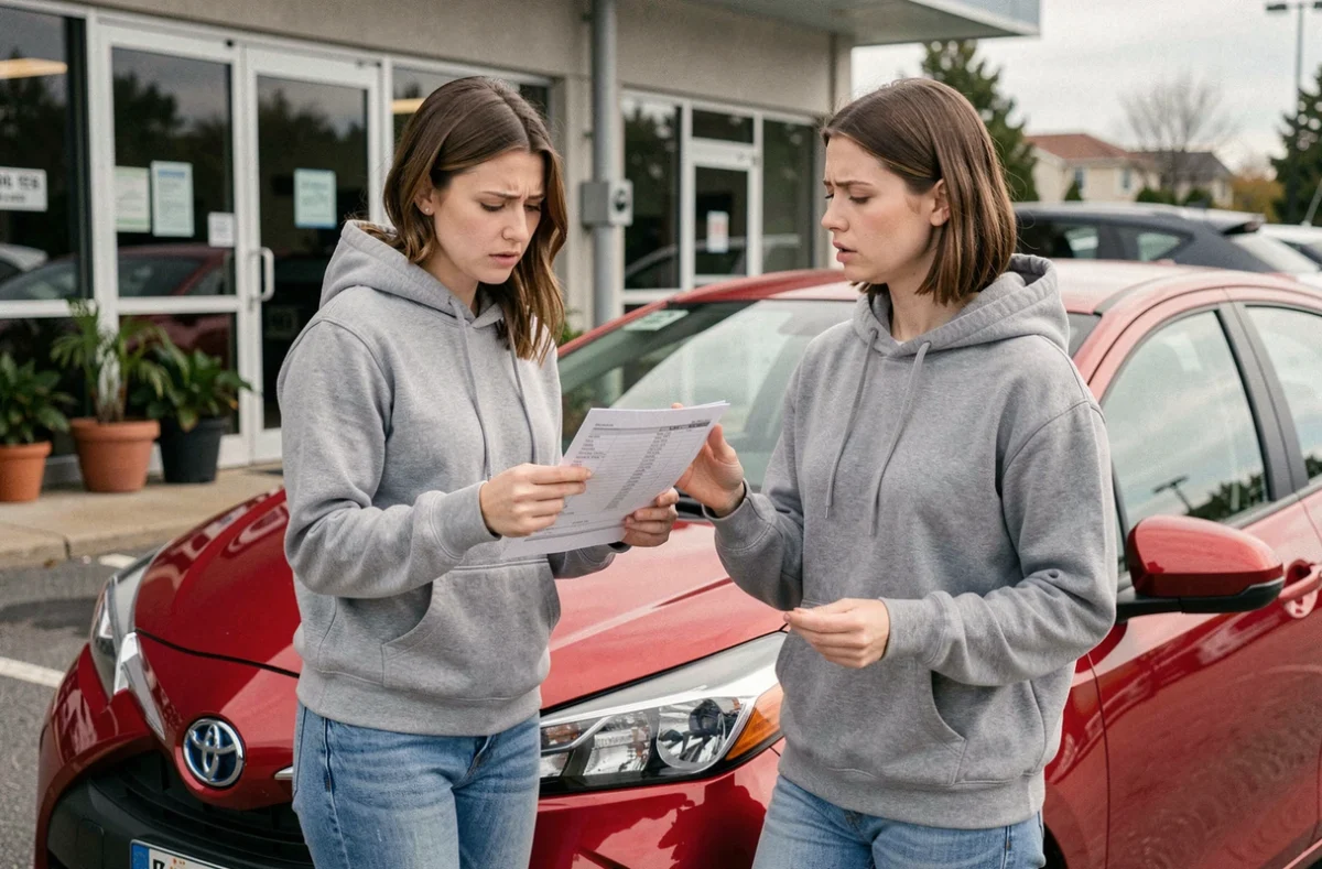 Propriétaire de Toyota Yaris Sport consultant une facture d'entretien devant un centre de réparation