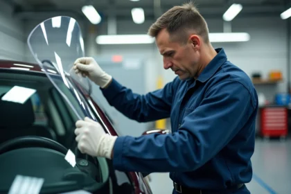Technicien automobile appliquant un film de protection sur un pare-brise dans un garage professionnel