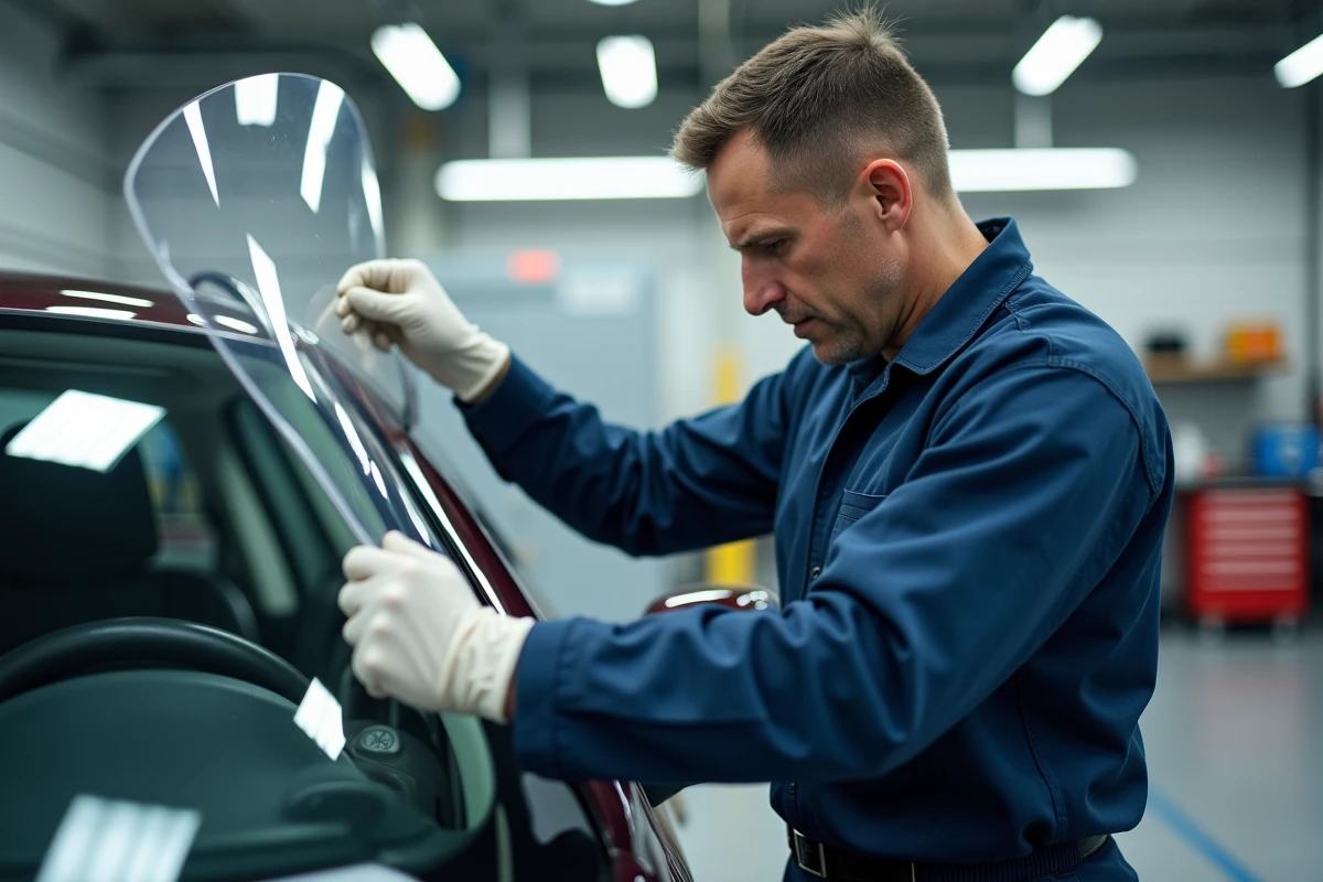 Technicien automobile appliquant un film de protection sur un pare-brise dans un garage professionnel