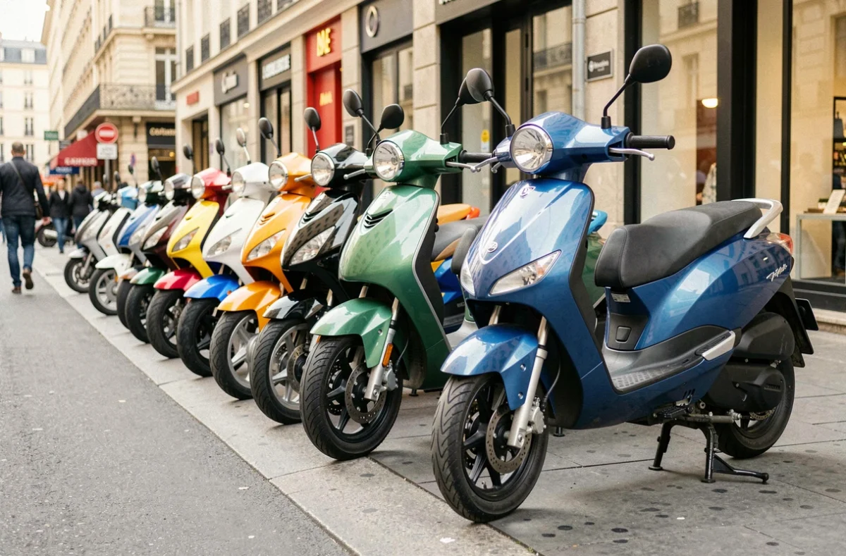 Rangée de scooters urbains garés sur un trottoir de ville illustrant les différents modèles à assurer