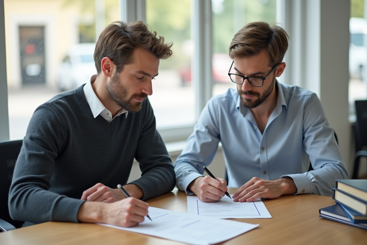 Deux hommes remplissant des formulaires de carte grise au bureau