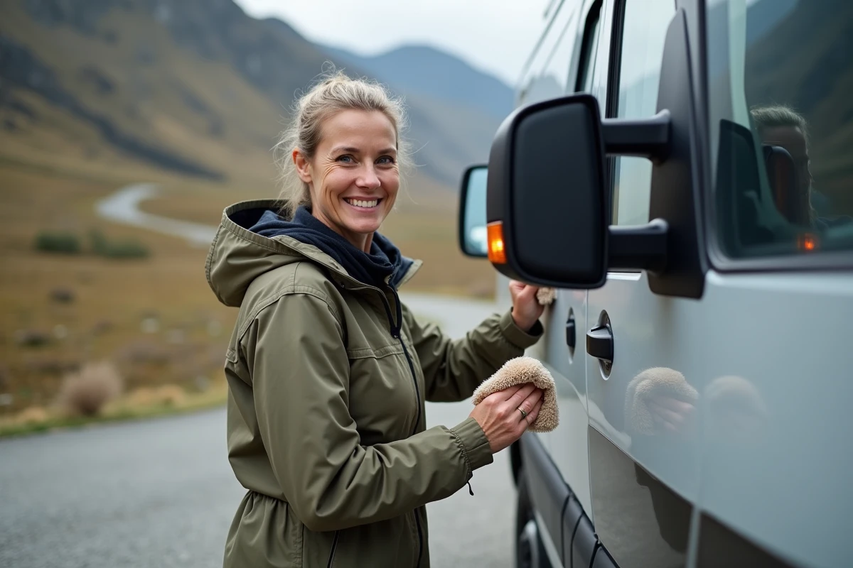 Femme nettoyant un miroir de van en montagne