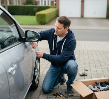 Homme remplaçant un miroir de voiture dans une cour