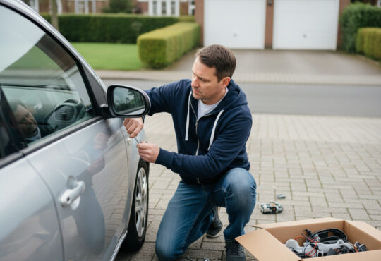 Homme remplaçant un miroir de voiture dans une cour
