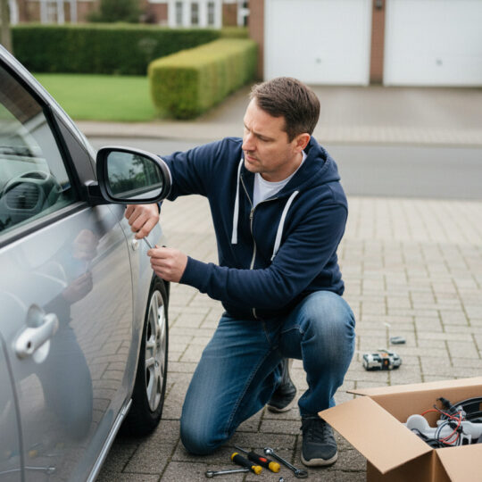 Homme remplaçant un miroir de voiture dans une cour