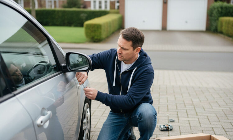Homme remplaçant un miroir de voiture dans une cour