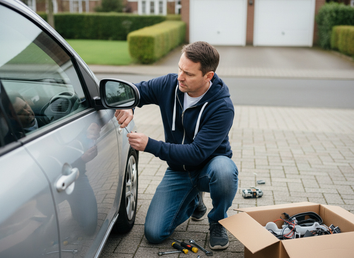 Homme remplaçant un miroir de voiture dans une cour