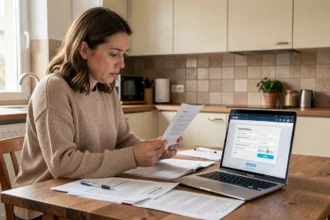 Femme consultant des documents d'assurance auto sur son ordinateur portable pour résilier son contrat sans vendre son véhicule