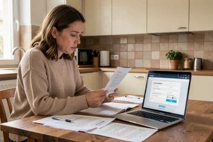 Femme consultant des documents d'assurance auto sur son ordinateur portable pour résilier son contrat sans vendre son véhicule