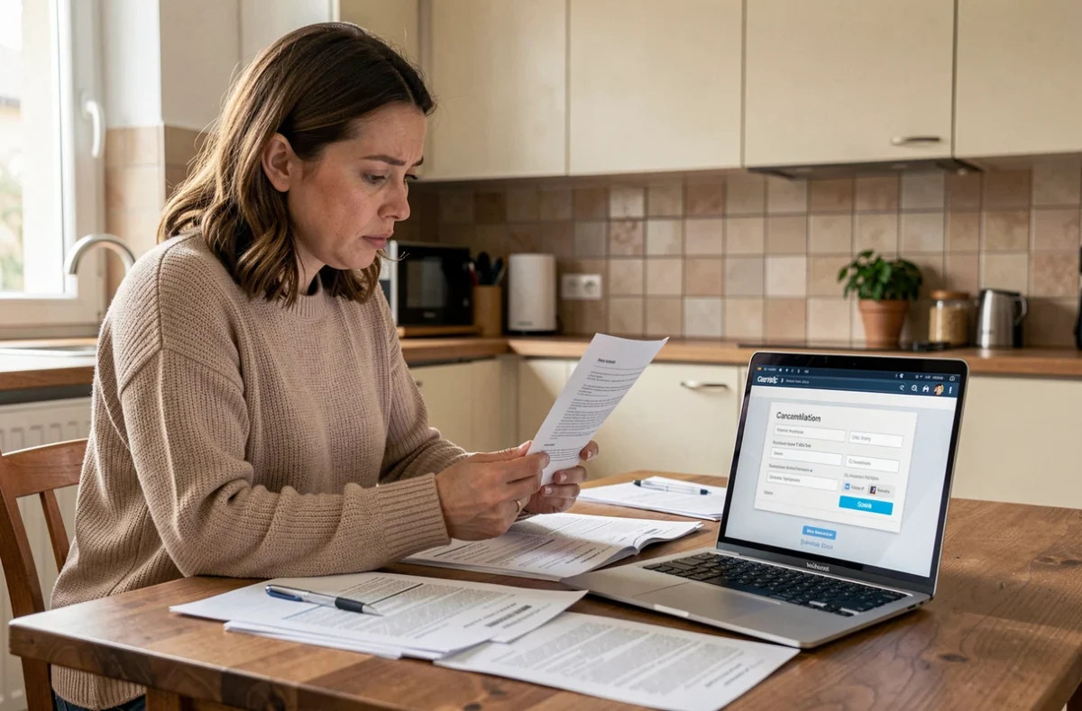 Femme consultant des documents d'assurance auto sur son ordinateur portable pour résilier son contrat sans vendre son véhicule