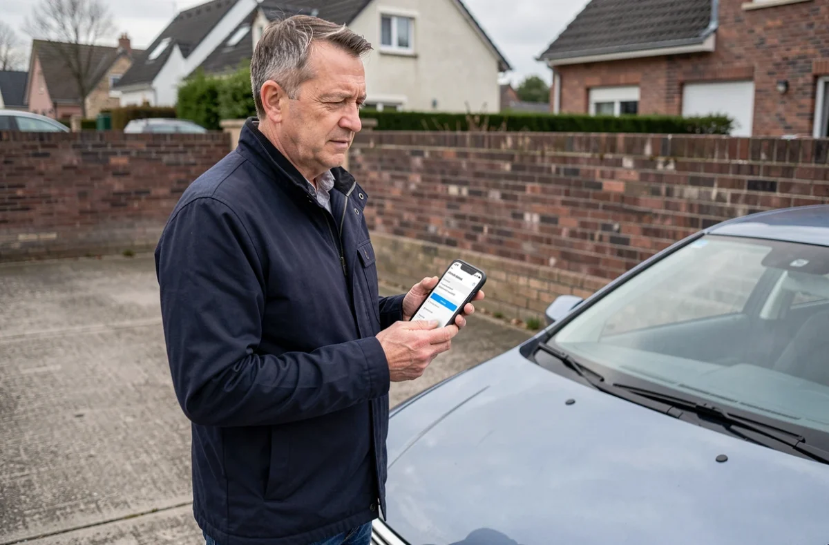 Homme utilisant une application mobile pour résilier son assurance voiture garée dans une allée de maison