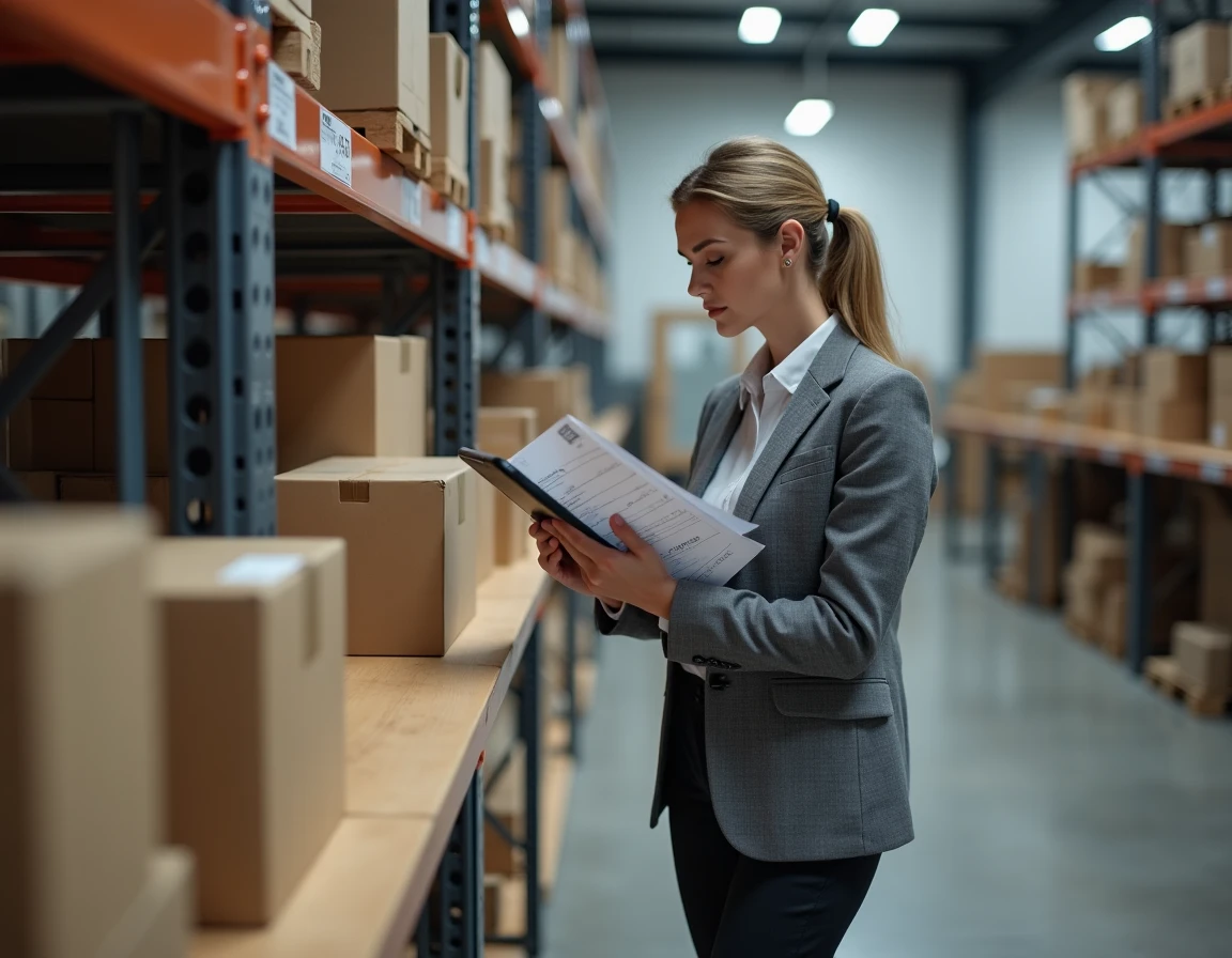 Responsable de pièces automobiles comparant une facture papier et une commande numérique sur tablette dans un magasin de pièces détachées