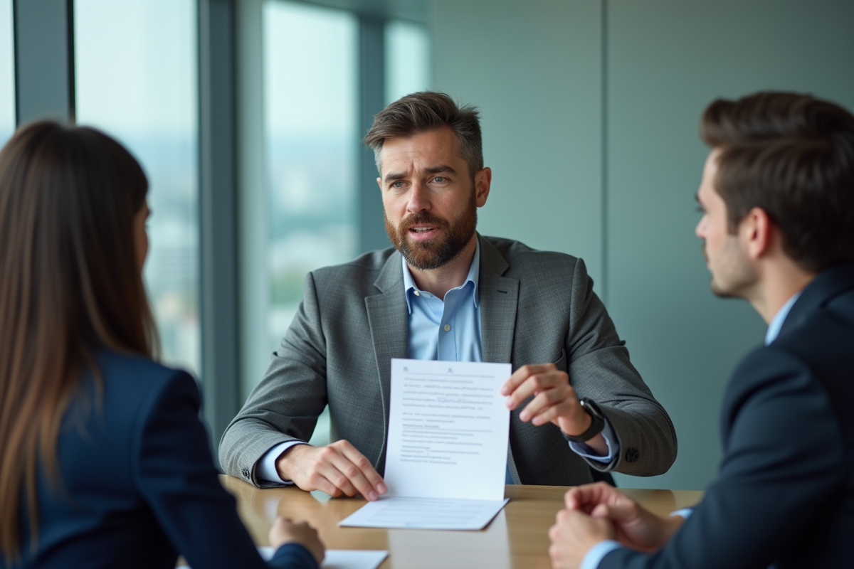 Homme remettant un contrat à un couple en réunion