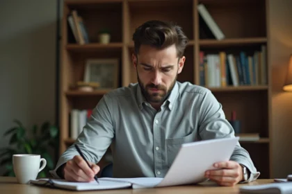 Homme adulte révisant le code de la route français à son bureau avec un manuel et des notes manuscrites