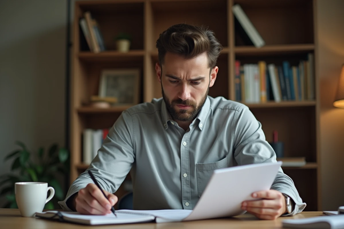 Homme adulte révisant le code de la route français à son bureau avec un manuel et des notes manuscrites