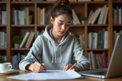 Jeune femme révisant un document PDF imprimé sur le permis de conduire à son bureau avec des annotations manuscrites