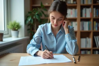 Jeune femme révisant un livret imprimé de questions du permis de conduire 2026 à son bureau