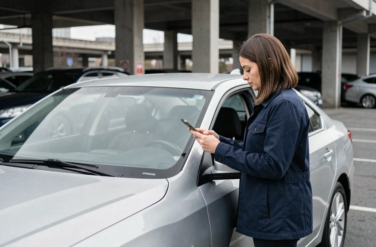 Femme scannant le numéro VIN sur le tableau de bord d'une voiture pour trouver sa finition exacte