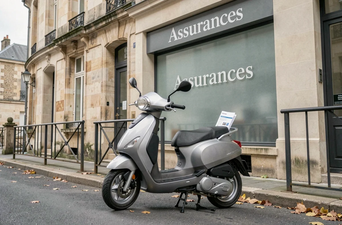 Scooter électrique 125cc garé devant une agence d'assurance en ville, documents d'assurance visibles
