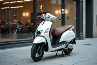 Scooter Honda 125cc blanc garé devant une concession moto moderne en milieu urbain