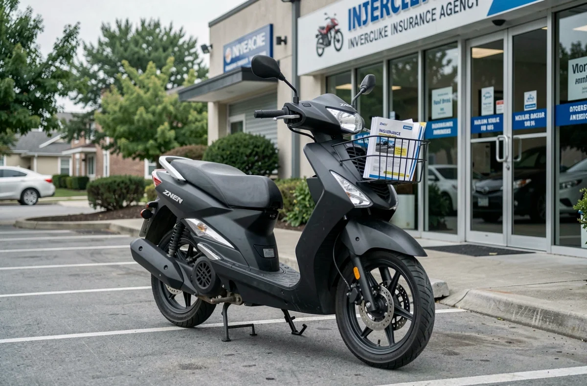 Scooter Znen garé devant une agence d'assurance avec brochure dans le panier avant