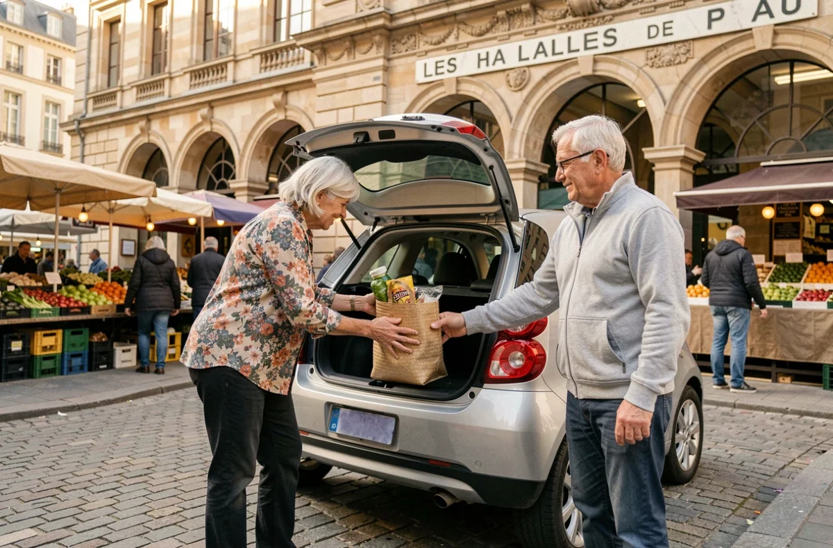 Couple de seniors chargeant leurs courses dans une voiture sans permis devant le marché des Halles de Pau
