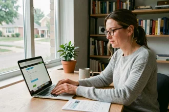 Femme souscrivant une assurance auto en ligne sur son ordinateur portable dans un bureau à domicile
