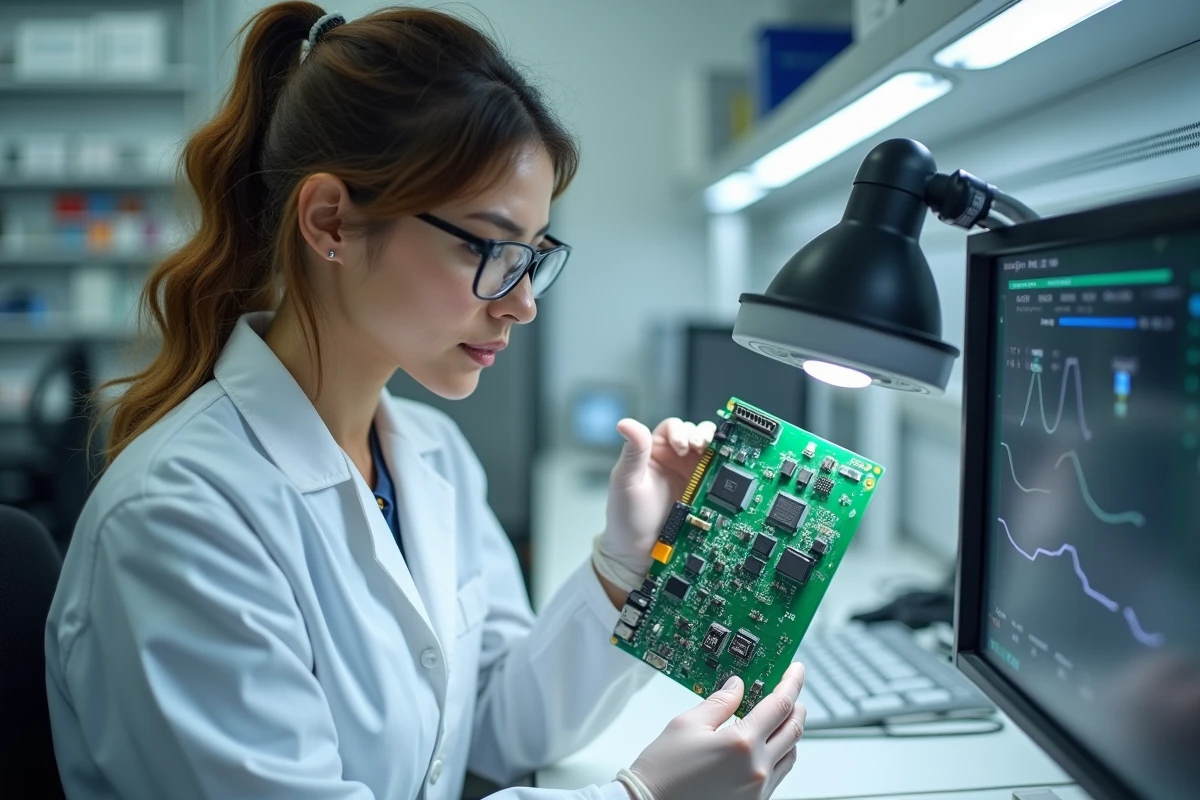 Spécialiste en électronique automobile analysant une unité de contrôle moteur ECU en laboratoire, examinant les microcomposants d'une carte de circuit imprimé