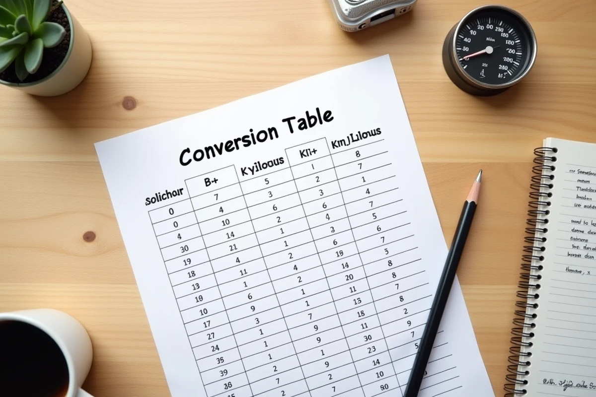 Vue de dessus d'un tableau de conversion miles en kilomètres par heure sur un bureau avec notes manuscrites
