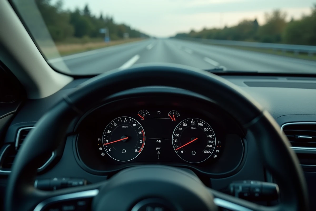 Tableau de bord et compteurs d'une voiture sur autoroute illustrant la différence de puissance moteur en kilowatts et chevaux