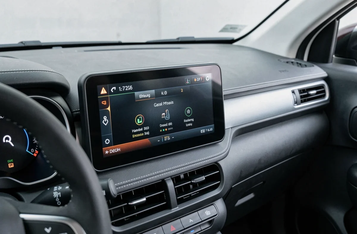 Tableau de bord numérique d'une nouvelle Citroën C3 avec écran digital et voyants d'avertissement modernes