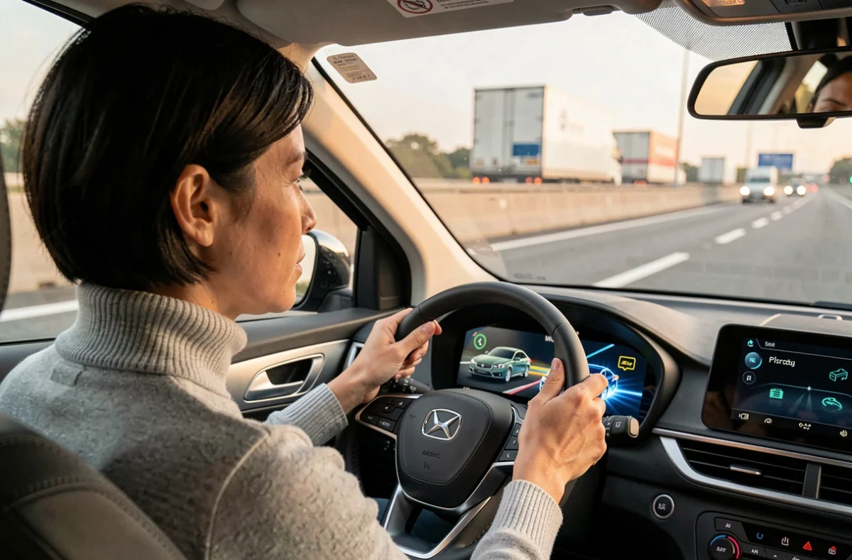 Tableau de bord d'une voiture hybride affichant le flux d'énergie entre moteur thermique et moteur électrique en conduite sur autoroute