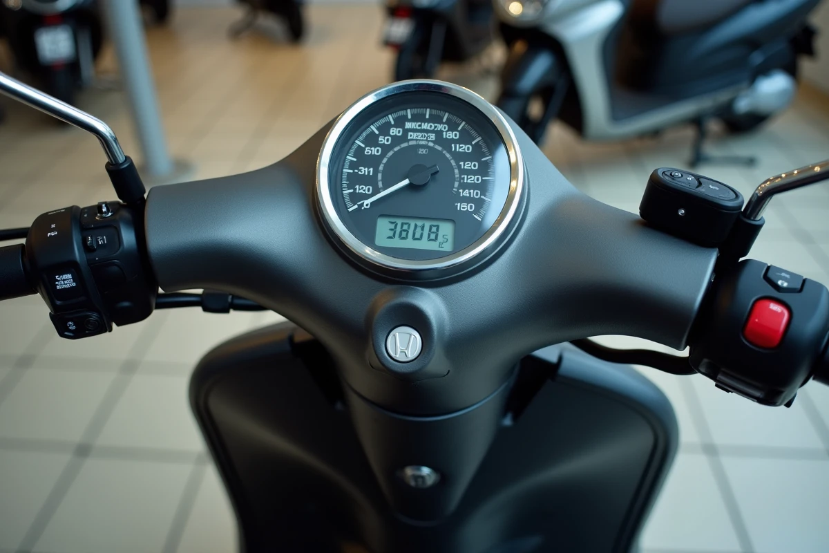 Tableau de bord et compteur d'un scooter Honda 125 en gros plan chez un concessionnaire