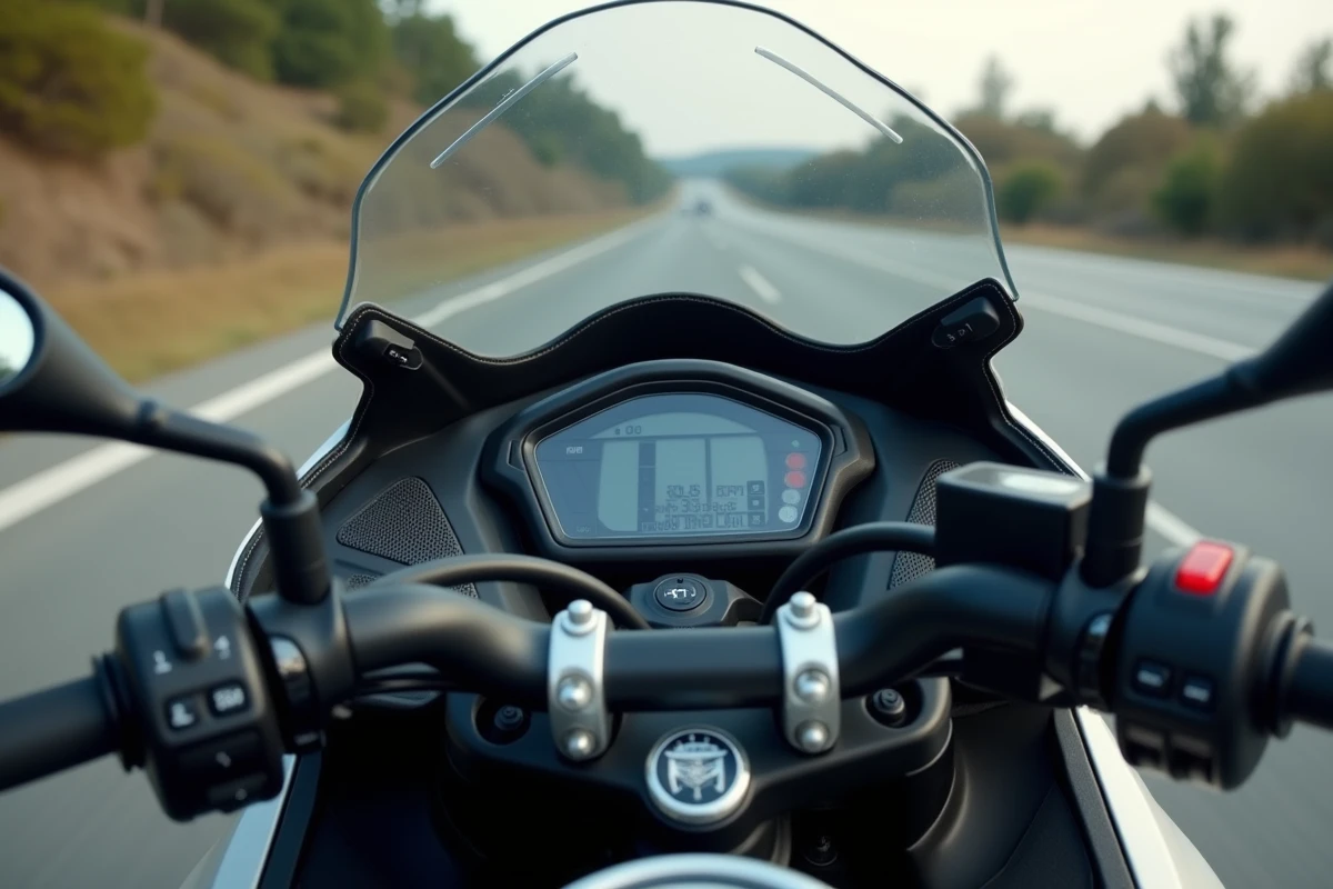 Gros plan sur le tableau de bord numérique et le guidon du Yamaha XMAX 125, avec affichage du compteur de vitesse et commandes ergonomiques