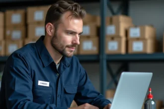Technicien automobile vérifiant une commande de pièces en ligne sur un ordinateur portable dans un atelier organisé