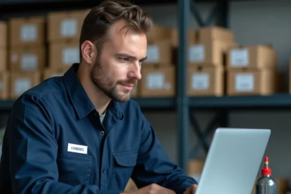 Technicien automobile vérifiant une commande de pièces en ligne sur un ordinateur portable dans un atelier organisé