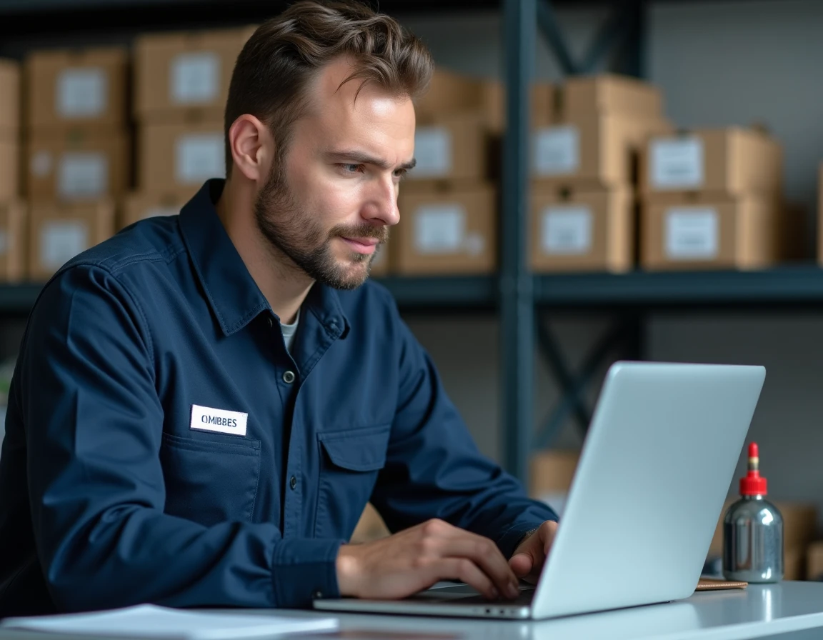 Technicien automobile vérifiant une commande de pièces en ligne sur un ordinateur portable dans un atelier organisé
