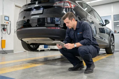 Technicien effectuant un contrôle technique sur un SUV électrique dans un centre de contrôle automobile moderne en 2026