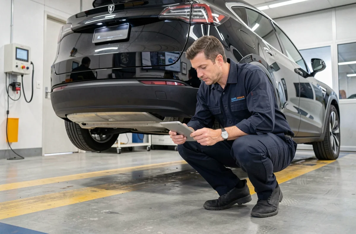 Technicien effectuant un contrôle technique sur un SUV électrique dans un centre de contrôle automobile moderne en 2026