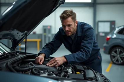 Technicien automobile connectant un câble de diagnostic à un module Digital Motor Electronics sur un moteur de berline européenne dans un atelier professionnel