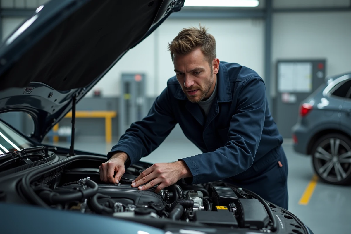 Technicien automobile connectant un câble de diagnostic à un module Digital Motor Electronics sur un moteur de berline européenne dans un atelier professionnel