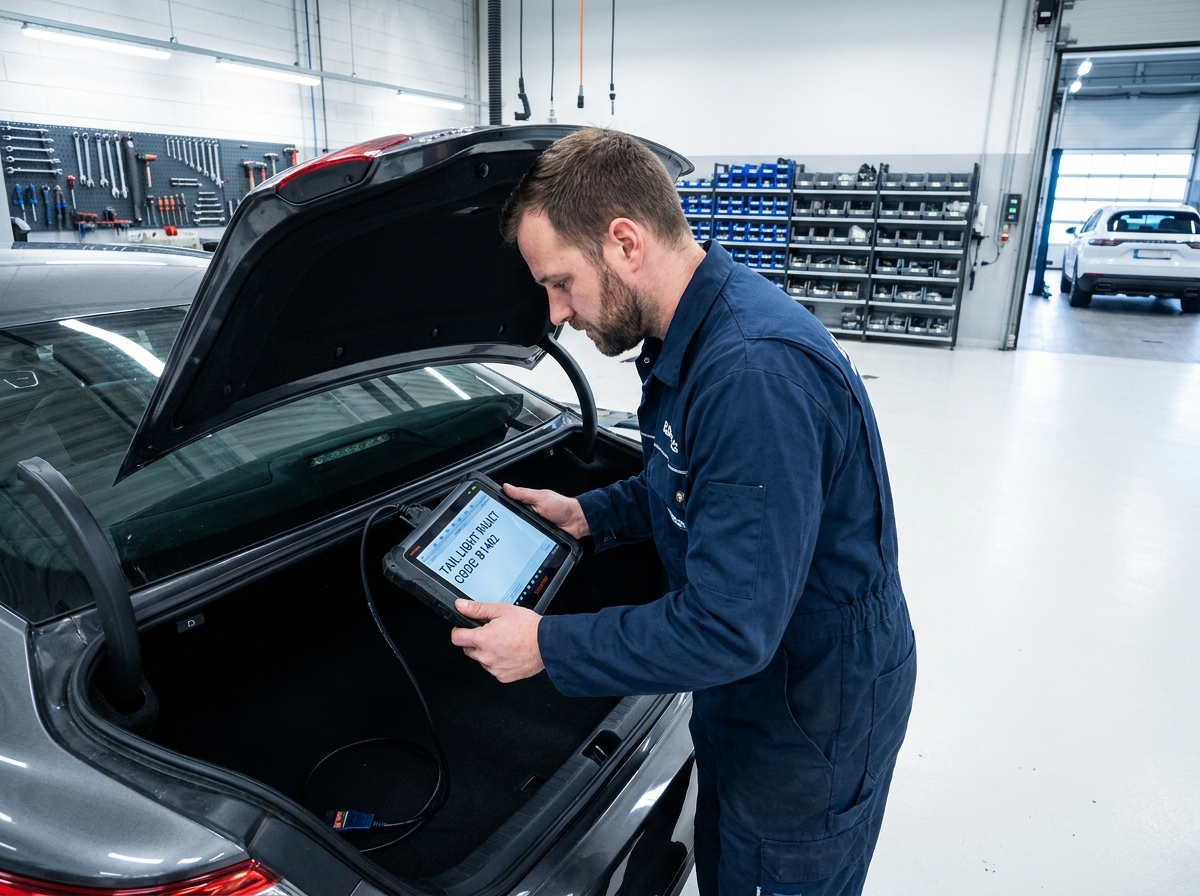 Technicien automobile utilisant une tablette de diagnostic pour identifier une panne de feu arrière sur une berline dans un atelier de concession