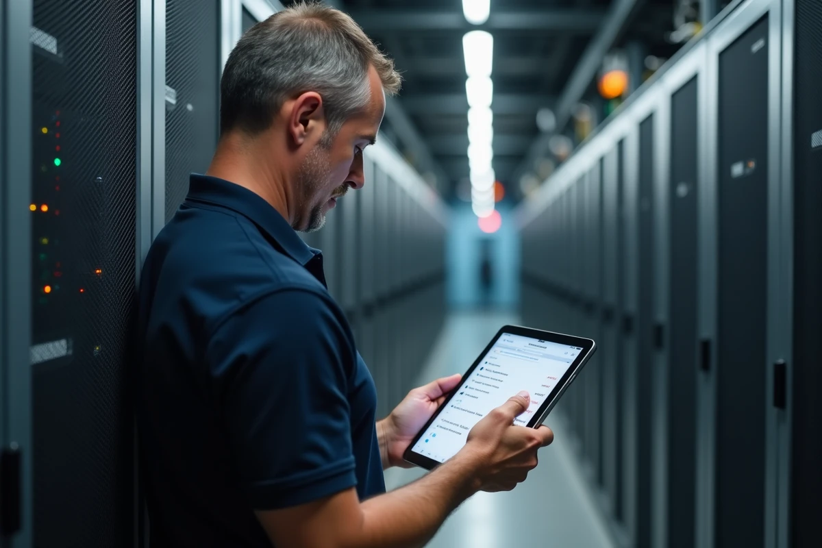 Technicien informatique consultant la documentation Atelio Doc sur tablette dans une salle serveur