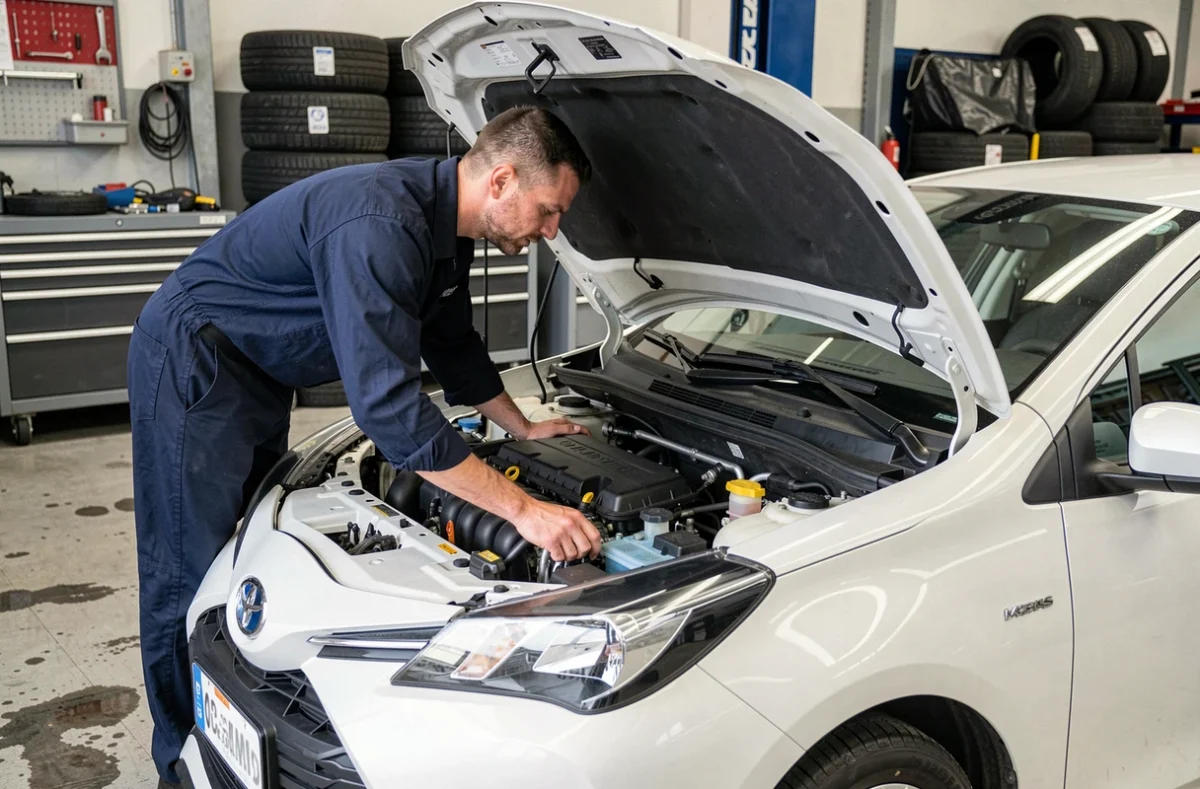Technicien automobile inspectant le moteur d'une Toyota Yaris Sport dans un garage professionnel