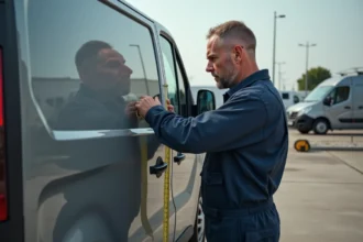 Technicien mesurant un van Trafic 2 en extérieur